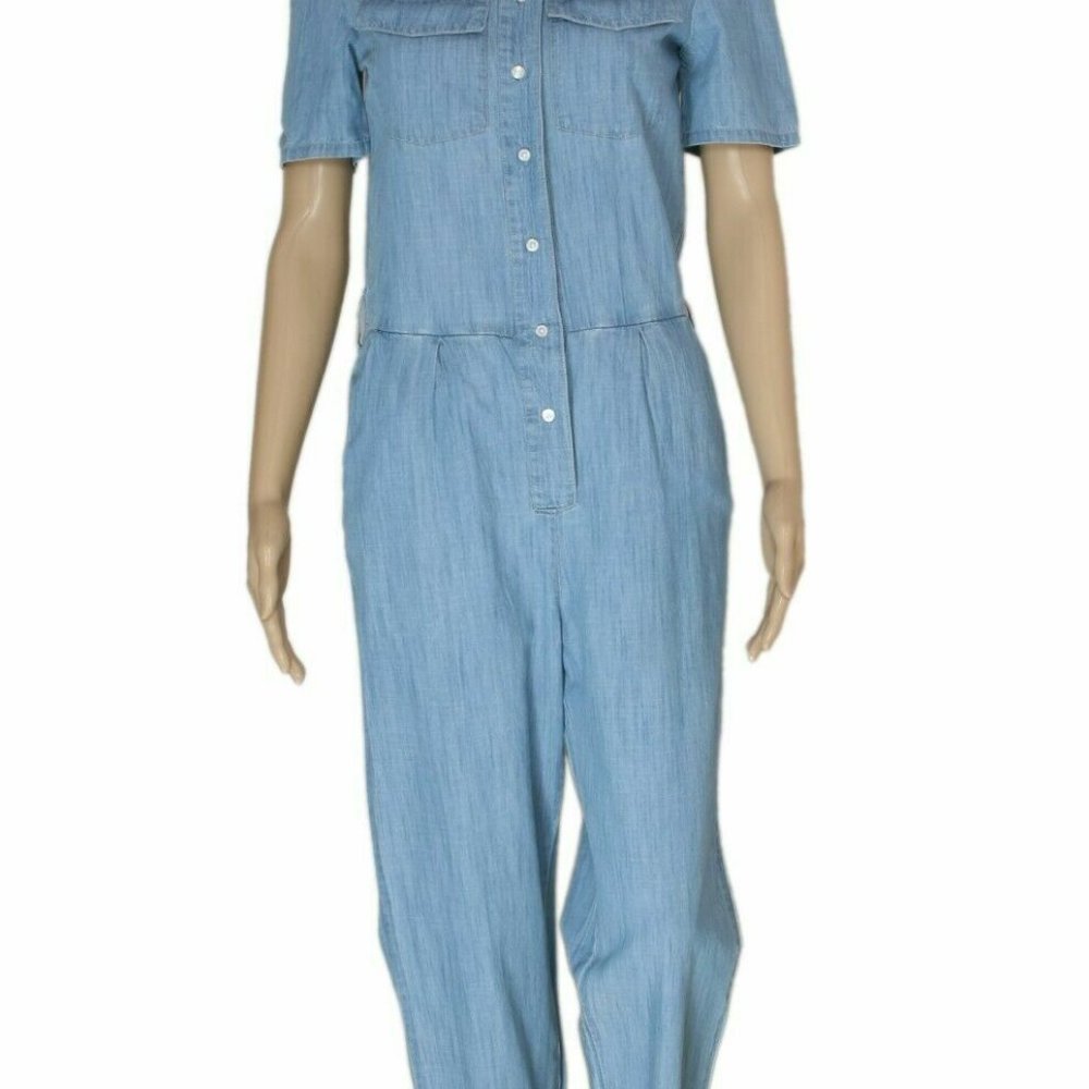Cyrillus Chambray Jumpsuit Blue Button Short Sleeve XS 34 NEW